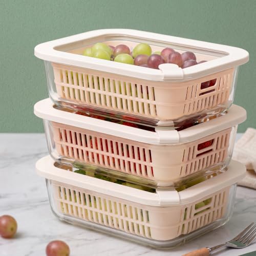 Urban Green Glass Food Storage Containers with Glass Lids, Microwave Safe Food Container Set, Aitight Meal Prep Container Set, BPA Free, 3 extra Colanders, LeakProof, 3 Pack of 35oz - color: Ivorywhite-3RT