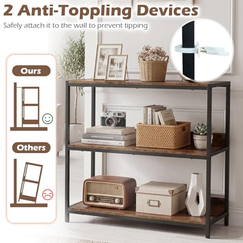 Tangkula 3-Tier Bookshelf, Industrial Small Bookcase with Wooden Shelves and Metal Frame, Rustic Open Display Shelf Storage Organizer for Living Room and Home Office (Rustic Brown, 1 Pack)