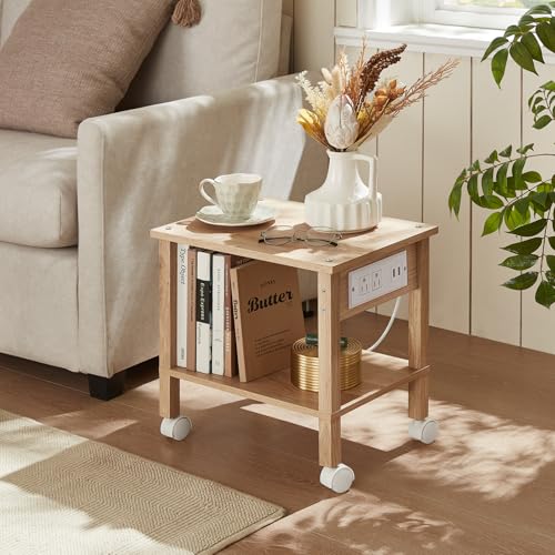 YUFAM 2 Tier Under Desk Printer Stand with Charging Station, Natural | Wooden Small Printer Table for Home Office, Rolling Printer Cart Shelf with Lockable Wheels - color: Wood, size: 11.8"D×15.7"W×15.3"H(With USB)