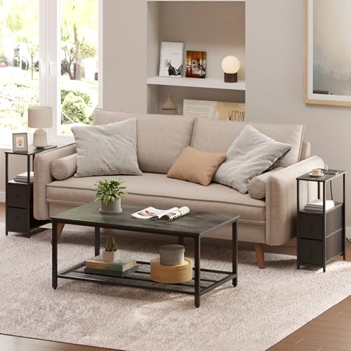 TUTOTAK Small Narrow End Table with Charging Station, Set of 2, Side Table with Outlets, Nightstand with 2 Cloth Drawers, Couch Table, for Living Room, Bedroom, Bedside, Charcoal Grey TB01BY055 - color: Charcoal Grey, style: 2 Drawers & Plug