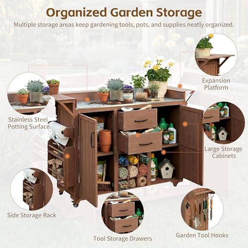 Modern 60.2''W Outdoor Kitchen Island with Wheels, Rolling Patio BBQ Kitchen Cart with Stainless Steel Top, Wood Grill Cart with Spice Rack&Wine Rack,2 Drawers, Brown - style: Brown