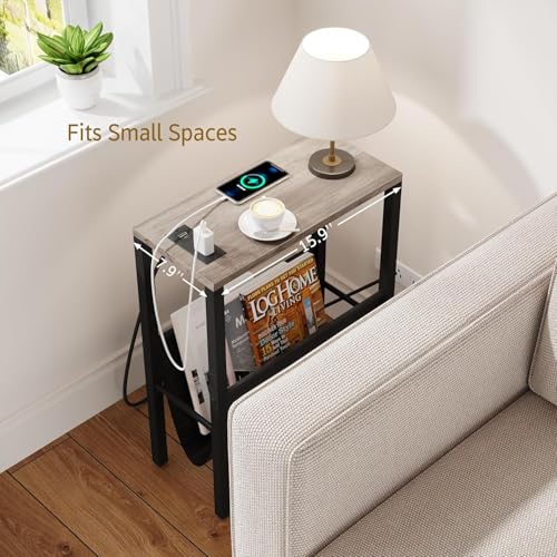 Narrow End Table with Charging Station, Slim Sofa Side Table with USB Ports & Outlet, Narrow Nightstand with Storage Bag, Small Side Table for Small Spaces, Living Room, Bedroom, Greige - color: Greige