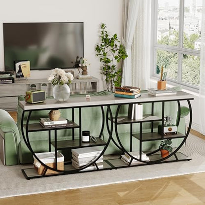 Garvee Entryway Table with Storage, Industrial 4-Tier Narrow Console Table Behind Couch with Half-Circle Base & Storage Shelves for Living Room, Hallway, Foyer - color: Grey