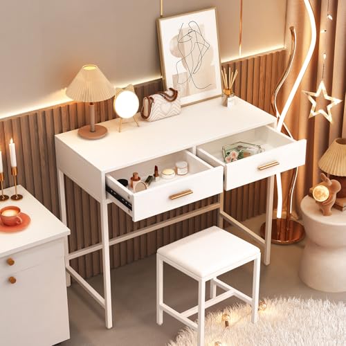 35.5" White Makeup Vanity Desk with Stool, Iron Frame Vanity Table with 2 Drawers, Rose Gold Handles, Solid Structure, No Mirror, Modern Writing Desk for Bedroom, 35.5" × 16" × 31"
