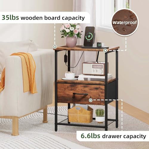 Somdot Nightstand Set of 2 with Charging Station & LED Light, Bedside Table | Dorm, Guest Room, Kids Room, Laundry, Closet, Entryway and Hallway, Brown - color: Brown, size: 11.8"D x 15.7"W x 23.4"H (1 Drawers)