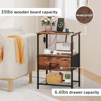 Somdot Nightstand Set of 2 with Charging Station & LED Light, Bedside Table | Dorm, Guest Room, Kids Room, Laundry, Closet, Entryway and Hallway, Brown - color: Brown, size: 11.8"D x 15.7"W x 23.4"H (1 Drawers)