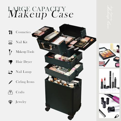 Particle Rolling Makeup Train Case Professional Cosmetic Trolley Large Storage Organizer with Key Swivel Wheels Salon Barber Case - New Green (Extra Portable Cosmetic Bag, Green) - color: Green