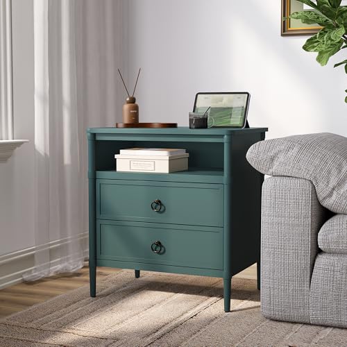 Nightstand, Mid Century Modern Night Stand with 2 Drawers and Open Shelf, Beside Table with Distressed Ring Handle for Bedroom,End Table (1, Green) - color: Green