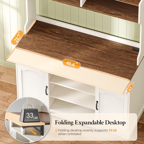 47.2 inch Bakers Rack with Storage and Drop Leaf, Farmhouse Coffee Bar Cabinet with Power Outlet, Large Microwave Stand with Storage Cabinet, 10 Hooks and Curved Design for Kitchen, Walnut, White - size: 47.2 in Drop Leaf Countertop