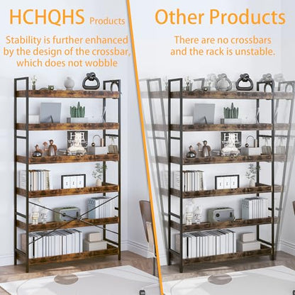 HCHQHS Bookshelf, Adjustable Industrial Bookcase, Vertical Tall Book Shelf, Wood and Black Metal Open Bookshelves for Home Office, Living Room, Bedroom (Rustic Brown, 6-Tier (31" W x 70" H)) - color: Rustic Brown, size: 6-Tier (31"W x 70"H)