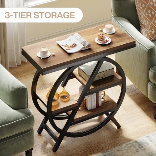 Tribesigns End Table for Living Room, 3-Tier Narrow Side Table with Storage, Wood Sofa Side Table with Geometric Metal Frame, Industrial Nightstand and Bedside Table for Bedroom, Light Brown - color: Light Brown
