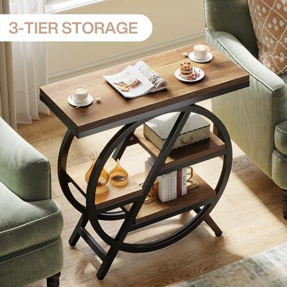Tribesigns End Table for Living Room, 3-Tier Narrow Side Table with Storage, Wood Sofa Side Table with Geometric Metal Frame, Industrial Nightstand and Bedside Table for Bedroom, Light Brown - color: Light Brown