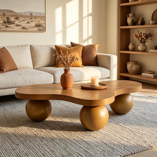 46" Cloud Coffee Table with 3 Ball Legs, Modern Irregular Center Table for Living Room, Low Cute Small MDF Tea Table for Bedroom, Space Apartment, Brown - color: Cloud -46"brown