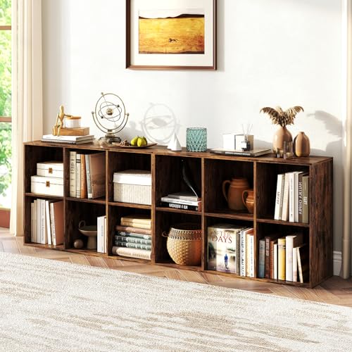 Giantex 6-Cube Bookcase, 3-Tier Cubby Bookshelf, Horizontal Vertical Display Rack with Anti-Tipping Kits, Modern Storage Organizer Shelf Unit for Living Room, Home Office, Rustic Brown | Horizontal Vertical Display Rack with Anti-Tipping Kits, Modern Stor
