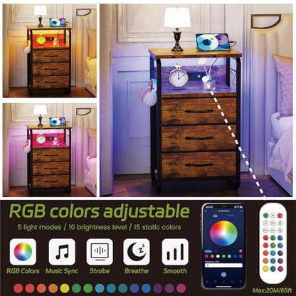 runjuly Night Stand with Charging Station, LED Nightstand with 3 Fabric Drawers and Hooks, Small End Table with Light and USB C Port, Storage Side Table for Bedroom, Rustic Brown - color: Rustic Brown, style: 3 Drawers