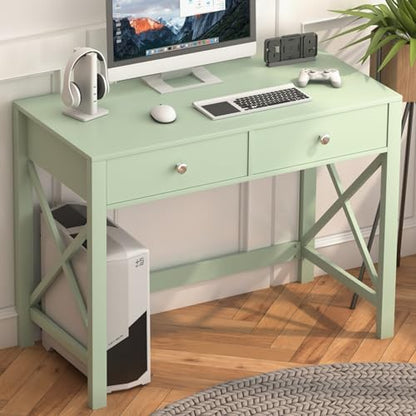 WiberWi Home Office Desk with Drawers, Modern Writing Computer Desk for Bedroom, Small Makeup Vanity Table Study Table for Home Office,Green - color: Green
