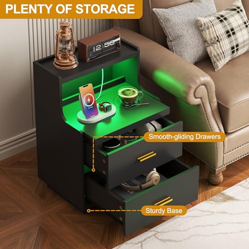 Yusong LED Nightstand Bedside Table with Charging Station 2 Drawers, Modern Sofa Couch End Side Table with LED Lights and Pull-Out Shelf for Bedroom, Black - color: Black 003