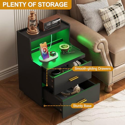 Yusong LED Nightstand Bedside Table with Charging Station 2 Drawers, Modern Sofa Couch End Side Table with LED Lights and Pull-Out Shelf for Bedroom, Black - color: Black 003