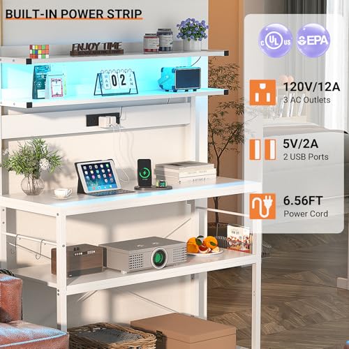 Aheaplus Bakers Rack with Power Outlet, Microwave Stand, 5 Tiers Coffee Bar Station with Led Lights, Kitchen Storage Shelf with 6 S-shaped Hooks, Kitchen Rack Coffee Bar Stand, White - color: White, size: 31.5 inch