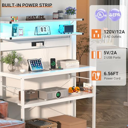 Aheaplus Bakers Rack with Power Outlet, Microwave Stand, 5 Tiers Coffee Bar Station with Led Lights, Kitchen Storage Shelf with 6 S-shaped Hooks, Kitchen Rack Coffee Bar Stand, White - color: White, size: 31.5 inch