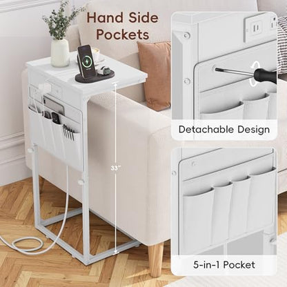 Vagusicc C Shaped End Table with Charging Station, Adjustable Height Side Table for Couch, Sofa Table Laptop Couch Side Tables, Slide Under Sofa TV Tray Arm C Tables for Living Room Bedroom, White - color: 1pc White