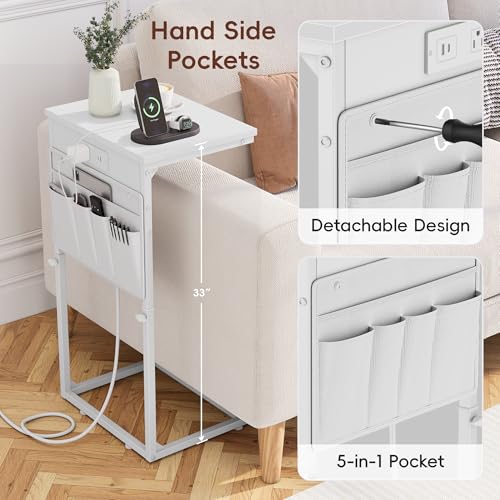 Vagusicc C Shaped End Table with Charging Station, Adjustable Height Side Table for Couch, Sofa Table Laptop Couch Side Tables, Slide Under Sofa TV Tray Arm C Tables for Living Room Bedroom, White - color: 1pc White