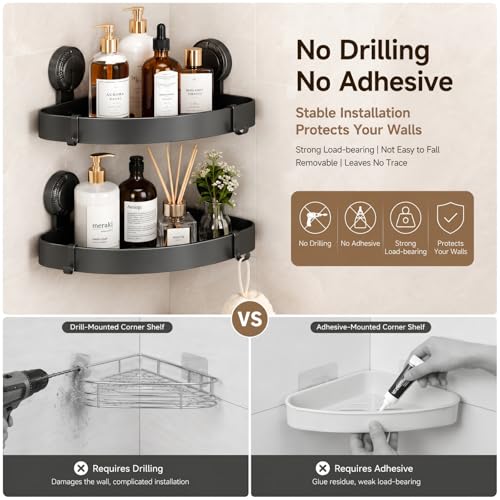 2 Pack Corner Shower Caddy Suction Cup, Space Aluminum No Drill Bathroom Organizer Shelves, Rustproof Triangle Corner Shower Shelf for Inside Shower, Damage-Free Removable Shampoo Holder