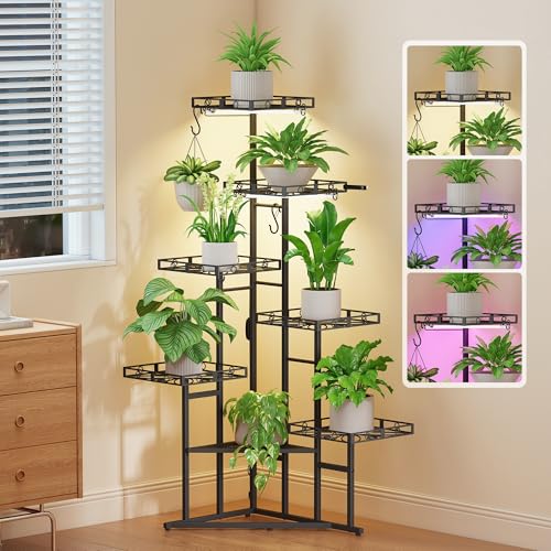 Quikraen Plant Stand Indoor with Grow Lights, 46" Tall Lighted Corner Plant Shelf for Indoor Growing, 7-Tier Multiple Metal Large Flower Holder, Plant Rack for Home Decor, Patio (Black) - color: Black-46"
