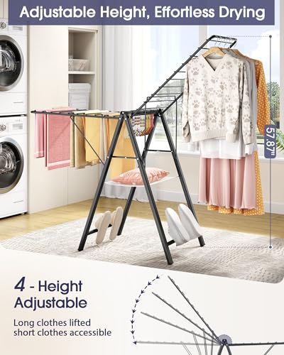 Clothes Drying Rack, 67.7" L Height Adjustable, Foldable, Black | 1.5"Folded, No Assembly, Space-Saving, Spacious Design, Adjustable Wings, Clips, Mesh Shelf, Shoe Rack, Indoor & Outdoor Use - color: Black