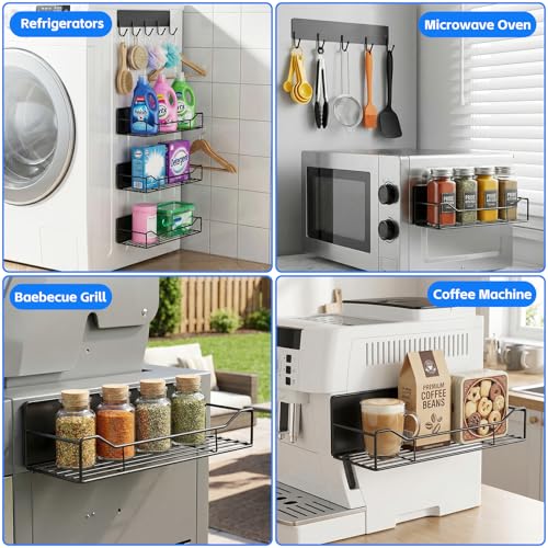Magnetic Shelves for Washing Machine, 5 Pack Heavy Duty Laundry Shelf Organizer with Hooks, Strong Magnetic Storage Rack for Washer, Dryer, Refrigerator & Kitchen Laundry Organizer (Black)