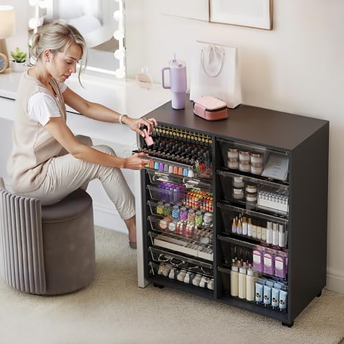 WOPITUES Mobile Storage Cabinet with 15 Clear Drawers, Craft Cabinet with 5 Large Drawers, Cart with Wooden Tabletop, Printer Stand Home Office, Dresser Chest, Modern Black - color: Black, size: 10M+5L
