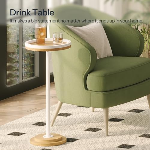 HOOBRO Small Round Side Table, Drink Table, Coffee Martini Table with Pedestal Accent for Small Spaces in Living Room, Bedroom, Sofa Couch, Natural and White WN168BZ01 - color: Natural + White