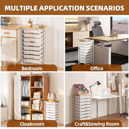 8 Drawer Rolling Storage Cart with Wooden Tabletop & Lockable Wheels | Utility, Movable Craft Storage Organizer, for Living Room Bedroom, Classroom, Office, White