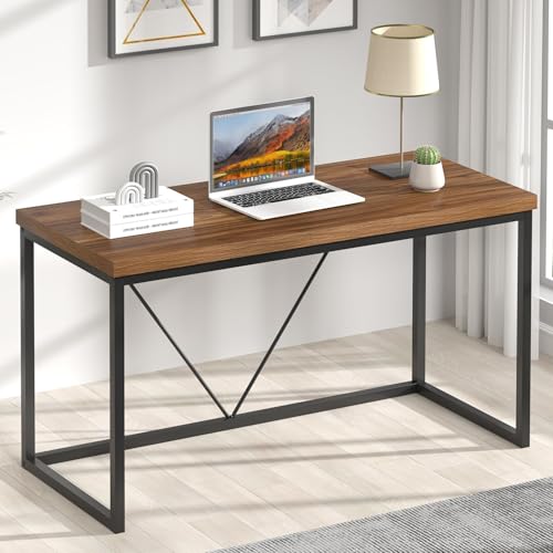 FOLUBAN Modern Computer Desk, Rustic Wood and Metal Study Writing Table, Simple Work Gaming PC Desk for Home Office, Walnut 53 Inch - color: Walnut, size: 53 inch