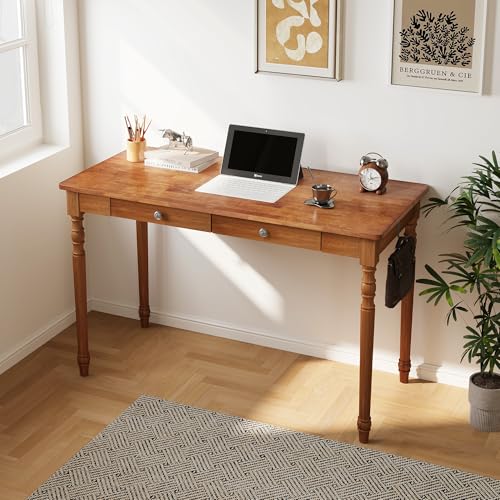 Vintage Solid Wood Writing Desk - 47.2" Mid Century Modern Desk with 2 Drawers, Wooden Computer Desks for Home Office, Large Secretary Desks, Traditional Vanity Dressing Table for Bedroom, Walnut - color: B-walnut, size: 47.2*21.7*29.5 Inch