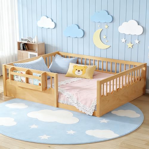 Bellemave Queen Size Kids Floor Bed with Heightened Fence and Bookshelf, Wooden Queen Montessori Bed Frame for Girls Boys, Natural - color: Natural Shelf, size: Queen