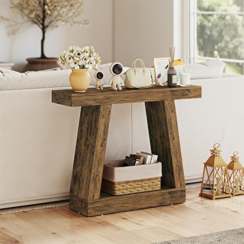 HOMCOM 41.7" Narrow Entryway Table with Thickened Tabletop, Rustic Brown | 2-Tier Farmhouse Console Table, Storage Shelf, Trapezoidal Base, Behind Couch Sofa, Living Room, Hallway, Entrance - size: 41.7" W