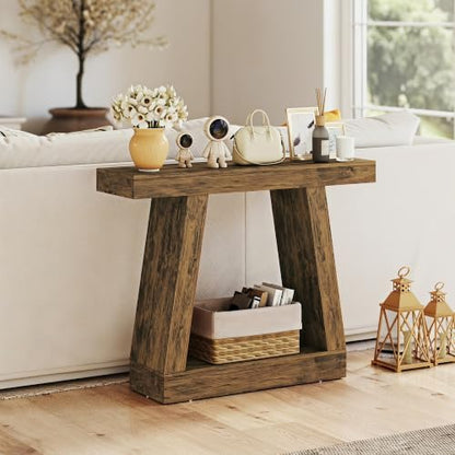 HOMCOM 41.7" Narrow Entryway Table with Thickened Tabletop, Rustic Brown | 2-Tier Farmhouse Console Table, Storage Shelf, Trapezoidal Base, Behind Couch Sofa, Living Room, Hallway, Entrance - size: 41.7" W
