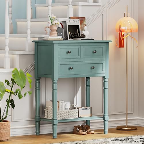 Narrow Console Table - Slim Sofa Tables with 3 Storage Drawers & Bottom Shelf,Solid Wood Frame,Distressed Finish - Accent Table for Living Room,Hallway,Small Spaces,Entryway,23.7" Light Blue - color: Light Blue