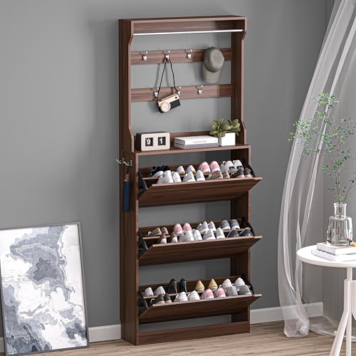 BORNOON Shoe Cabinet with 3 Flip Drawers & Coat Rack, Narrow Hidden Shoe Storage Cabinet, 2-in-1 Hall Tree Slim Freestanding Shoe Rack Organizer for Entryway, Hallway, and Living Room - color: Walnut, size: 3 Drawers-Rack