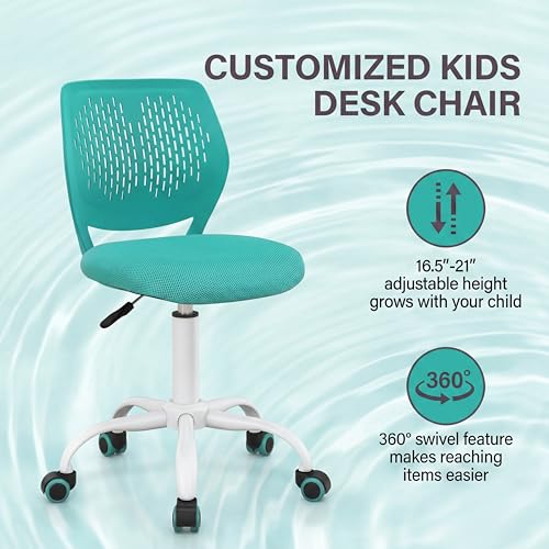 Costzon Kids Desk Chair, Armless Height Adjustable Kids Computer Chair w/Elastic Sponge Filling, Ergonomic Backrest & Stable 5-Point Wheels, Children Rolling Swivel Chair for Studyroom (Turquoise) - color: Turquoise