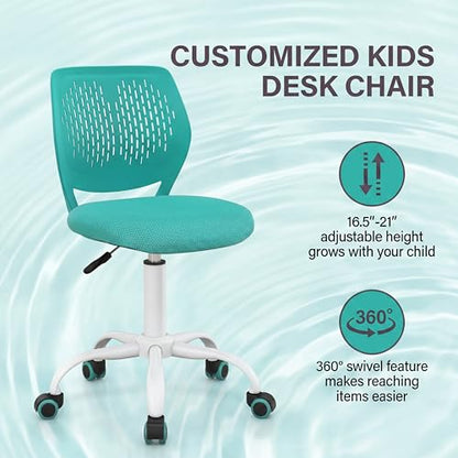 Costzon Kids Desk Chair, Armless Height Adjustable Kids Computer Chair w/Elastic Sponge Filling, Ergonomic Backrest & Stable 5-Point Wheels, Children Rolling Swivel Chair for Studyroom (Turquoise) - color: Turquoise