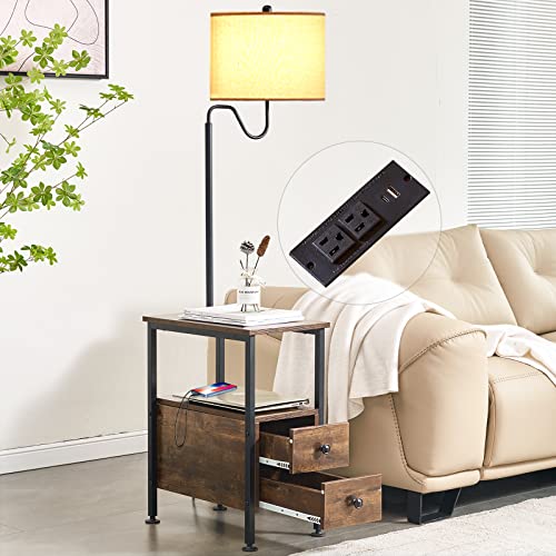 Dungoo Rustic Floor Lamp with Table Storage End Table with Charging Station | 2-Drawer Storage, USB & Type-C Ports and 2 Outlets, Narrow Side Table with Built in Lamp for Living Room Bedroom - color: Brown with Drawers