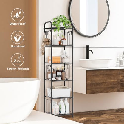 PouHenier.jh 6 Tier Tall Metal Narrow Skinny Shelf Free Standing for Bathroom, Thin Shelving Unit for Pantry or Kitchen, Slim Open Tower Rack with 10 Hooks, Space Saving and No Tools Assembly (Black)