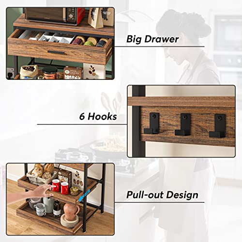LITTLE TREE Kitchen Baker’s Rack with Power Outlets, Freestanding 5-Tier Microwave Stand with Drawers & Sliding Shelves, Coffee Bar with 6 Hooks for Dining Room Living Room, Rustic Brown - color: Rustic Brown