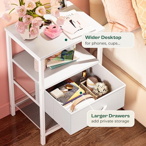 Huuger Nightstand Set of 2, Night Stand with Fabric Drawer, Mesh Shelf, Side Table with Storage, Fabric Drawer Dresser, Open Shelf, Metal Frame, Bedroom, White - color: White
