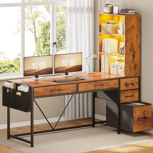 SEDETA Computer Desk with 5 Drawers and Bookshelf, Reversible Home Office Desk with Storage Shelves and File Drawer, Gaming Corner Desk with LED Lights for Small Spaces, Rustic Brown - color: Rustic Brown