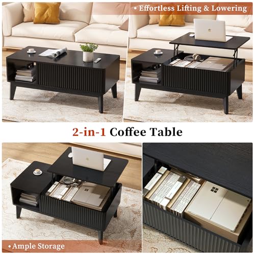 LYNCOHOME Fluted Coffee Table with Hidden Compartment, Wood Lift Top Coffee Tables, Modern Center Table for Living Room, Home Office, Black - color: Black, size: 18.9''D x 37.4''W x 16.2''H