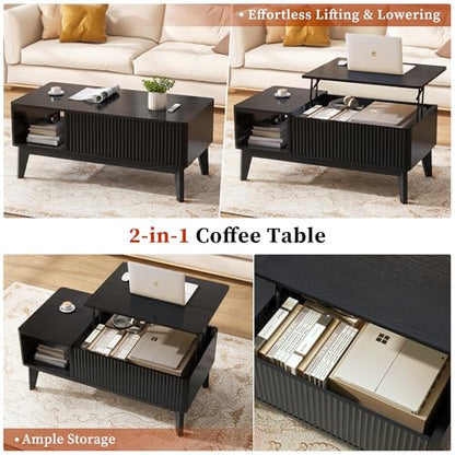 LYNCOHOME Fluted Coffee Table with Hidden Compartment, Wood Lift Top Coffee Tables, Modern Center Table for Living Room, Home Office, Black - color: Black, size: 18.9''D x 37.4''W x 16.2''H