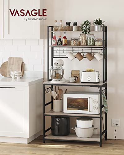 VASAGLE Bakers Rack with Power Outlet, Microwave Stand, Kitchen Tall Utility Storage Shelf, with Metal Wire Panel, 14 Hooks, 15.7 x 31.5 x 66.9 Inches, Heather Greige and Ink Black UKKS025B02 - color: Heather Greige + Ink Black, size: 31.5"W